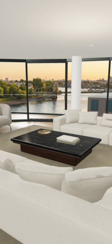 Living: an interior view of the apartment and its windows